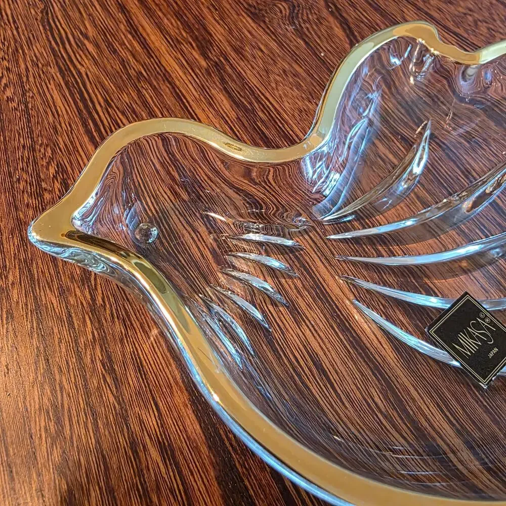 Mikasa Crystal 24KT Gold Rim Dove Peace Trinket Candy Dish Love Bird Gift